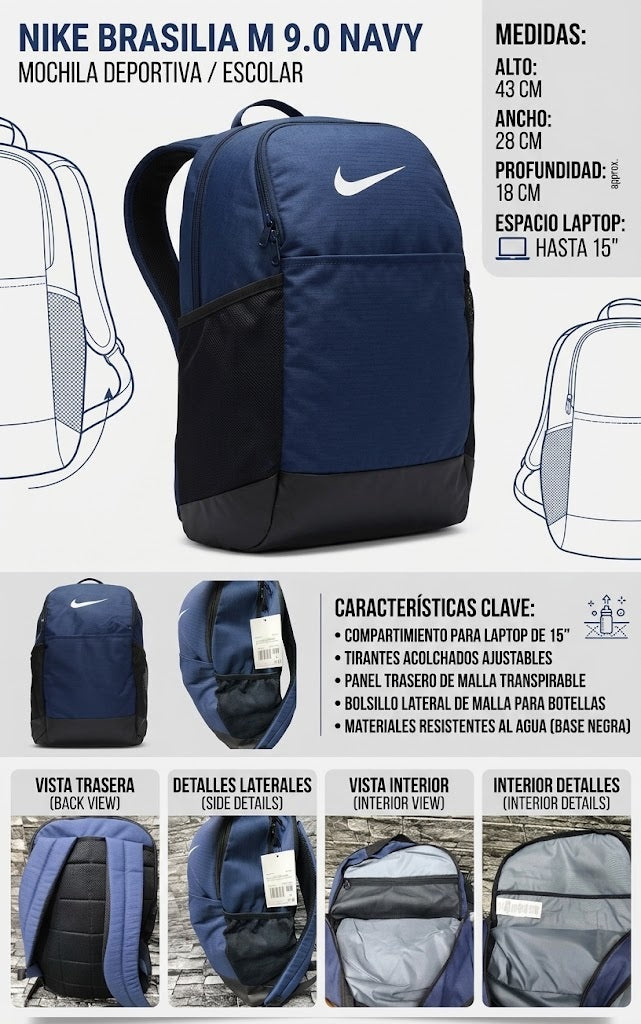 MOCHILA NIKE BRASILIA 9.0 NAVY 2 COMPARTIEMIENTOS ESP LAP15"