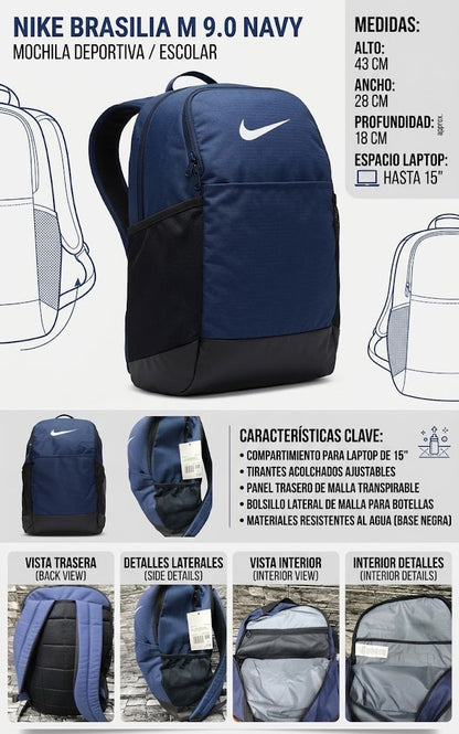 MOCHILA NIKE BRASILIA 9.0 NAVY 2 COMPARTIEMIENTOS ESP LAP15"